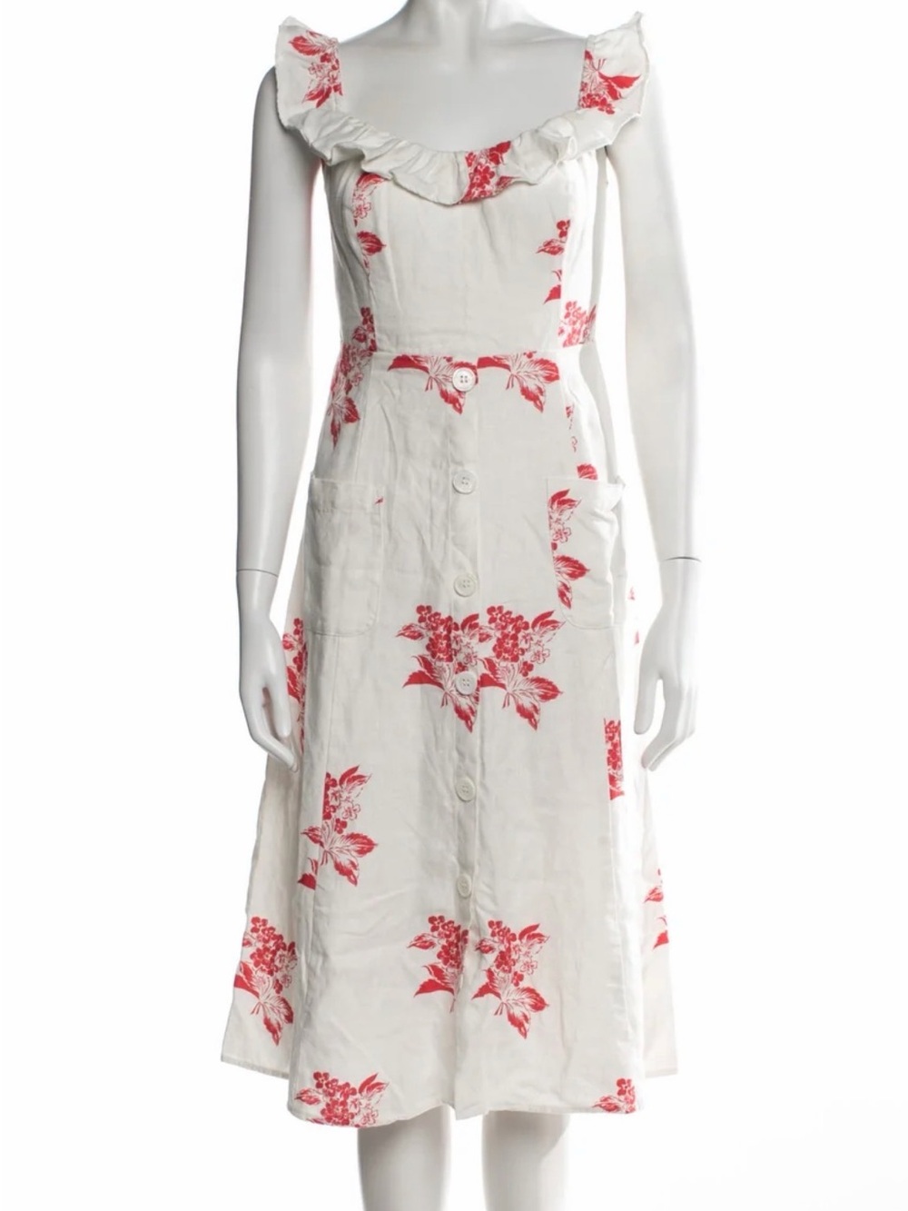 Reformation White Midi Dress with Red Floral Print